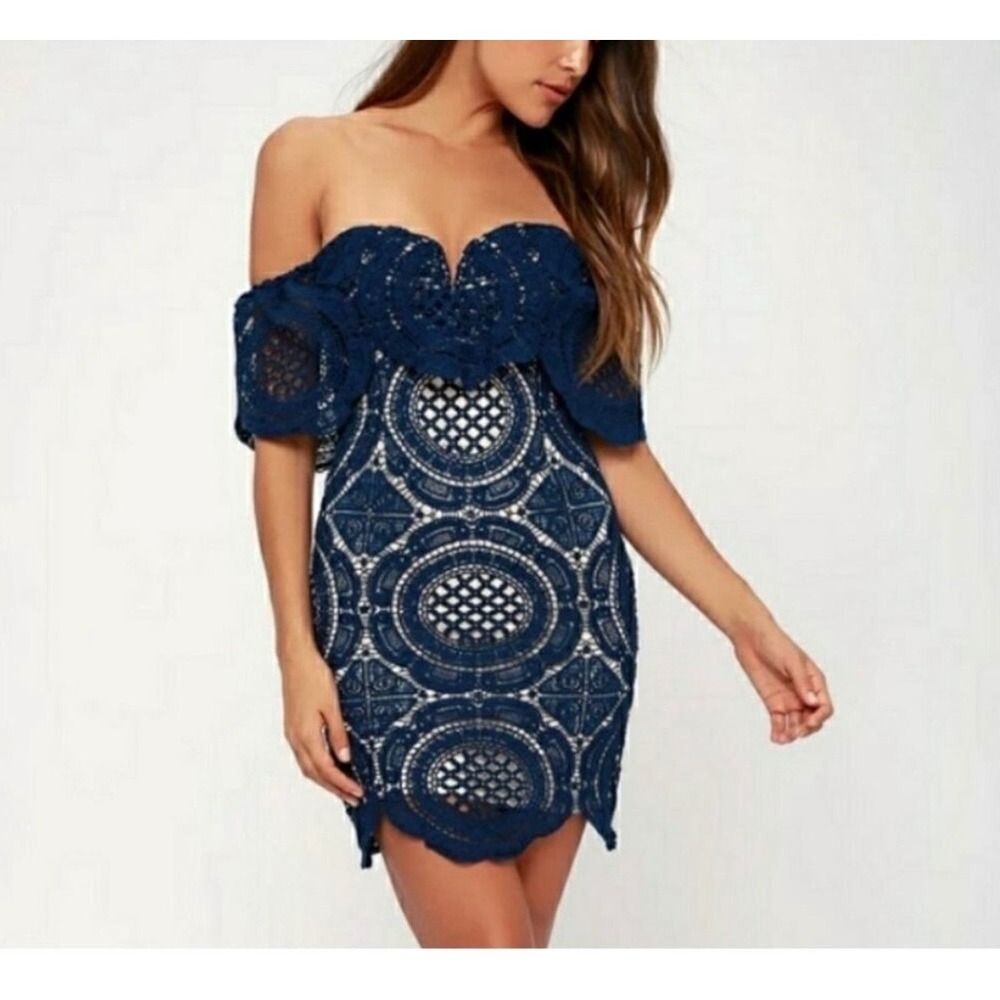 Lulus Bellisimo Navy Blue Lace Off Shoulder Bodycon Dress Size Medium NWT
